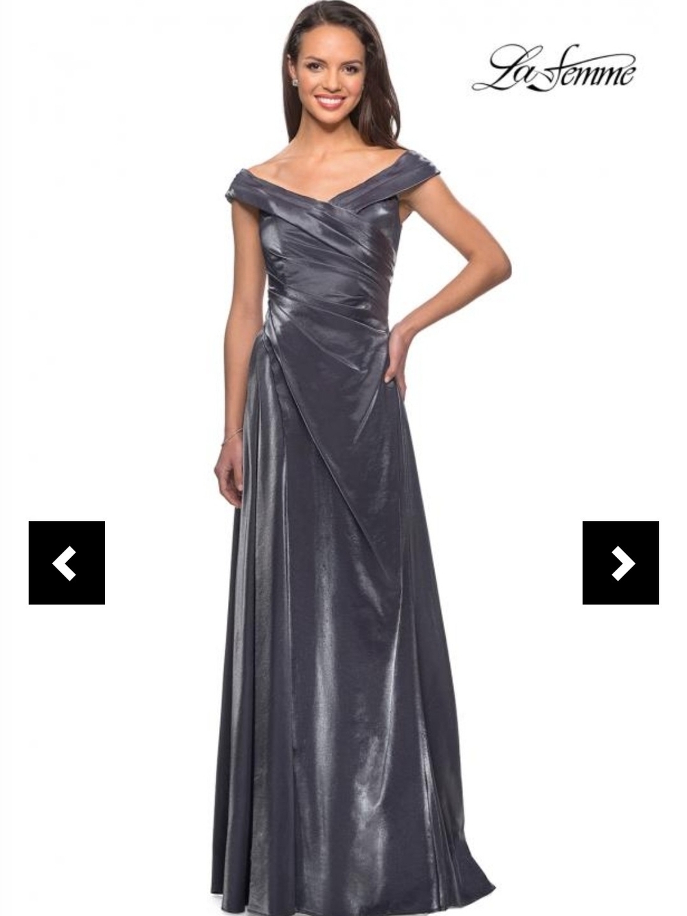 SZ 8- La Femme Metallic Off-Shoulder Evening Gown in Gunmetal
